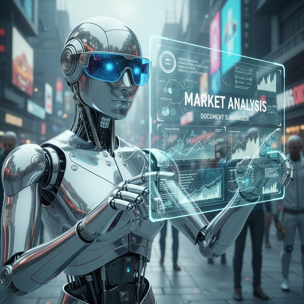Photo: AI robot reading market reports, wearing tinted glasses symbolizing bias in document summarizer outputs