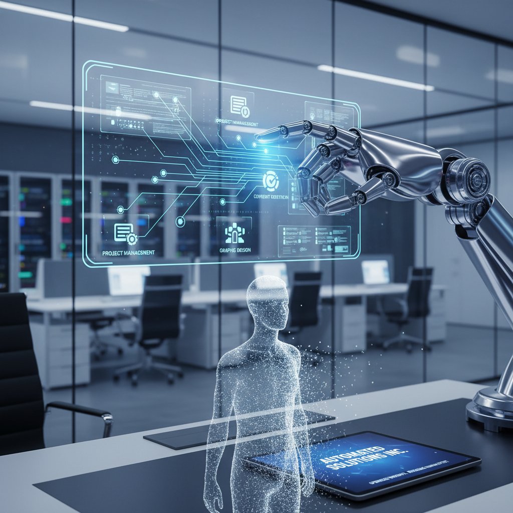 AI-powered automation replacing freelance work in a modern office, robot arm at a workstation where a human freelancer used to be