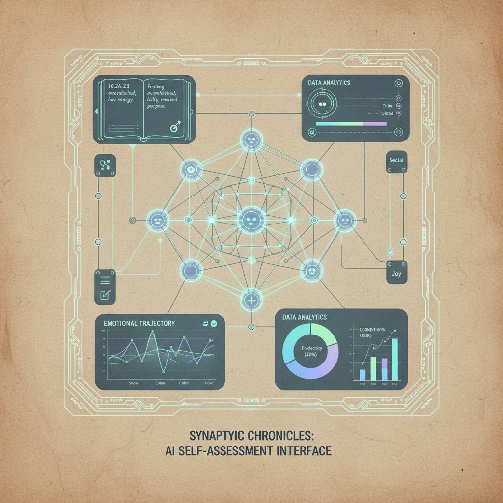 High-contrast photo of a futuristic AI schematic overlayed with journal entries and emotional graphs, representing a reflective journaling tool