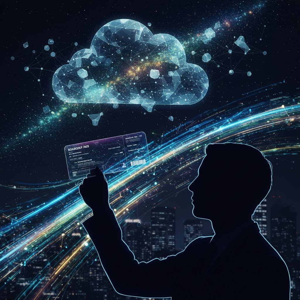 Humanoid AI silhouette holding a boarding pass with data flows, visually symbolizing AI-driven flight price comparison
