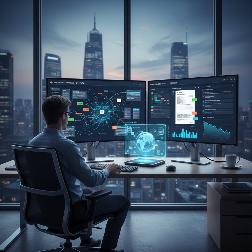 Close-up of AI software analyzing documents on dual screens with data overlays, representing advanced document digitization industry applications