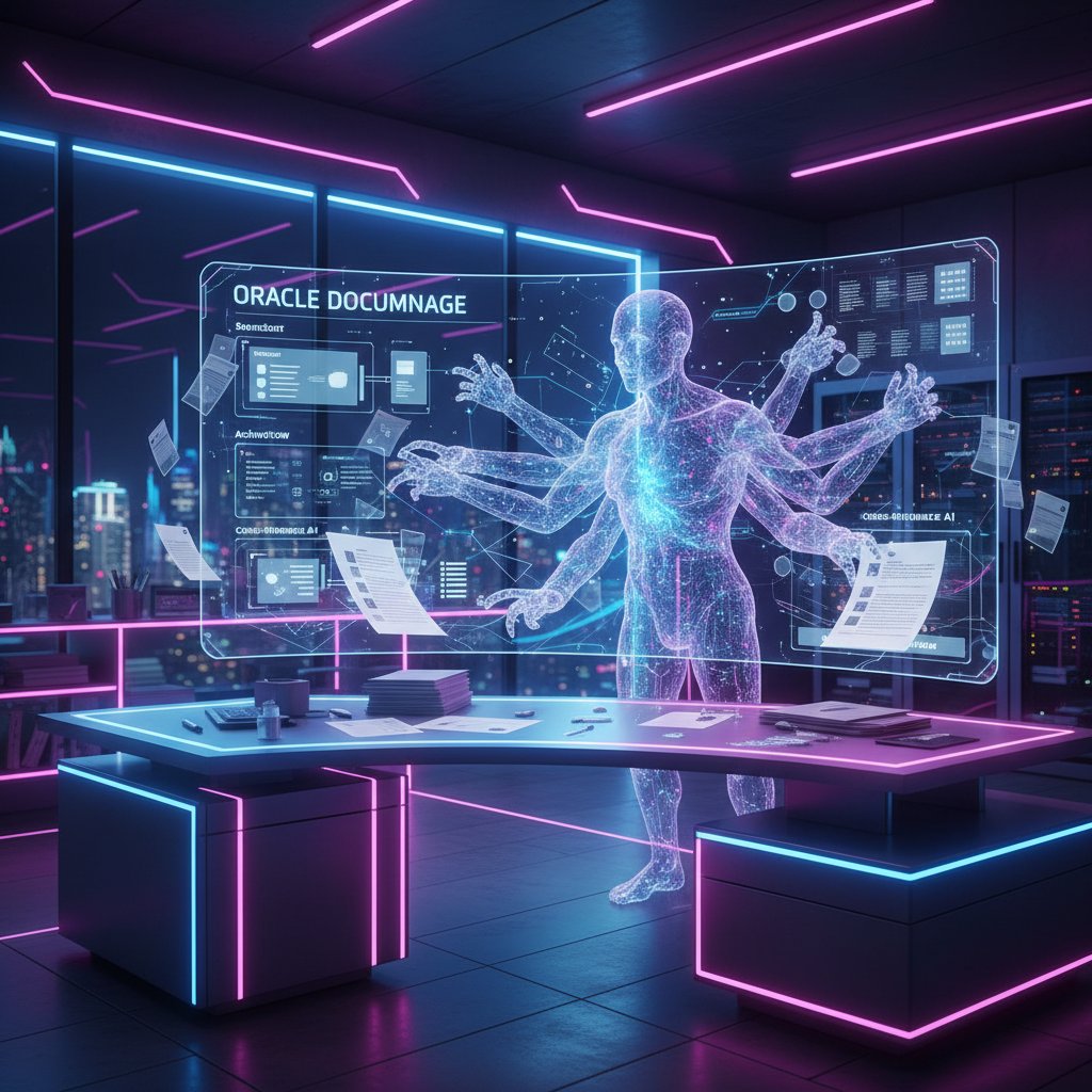 Transparent interface with AI nodes sorting digital documents in a neon-lit workspace, illustrating AI-driven document management