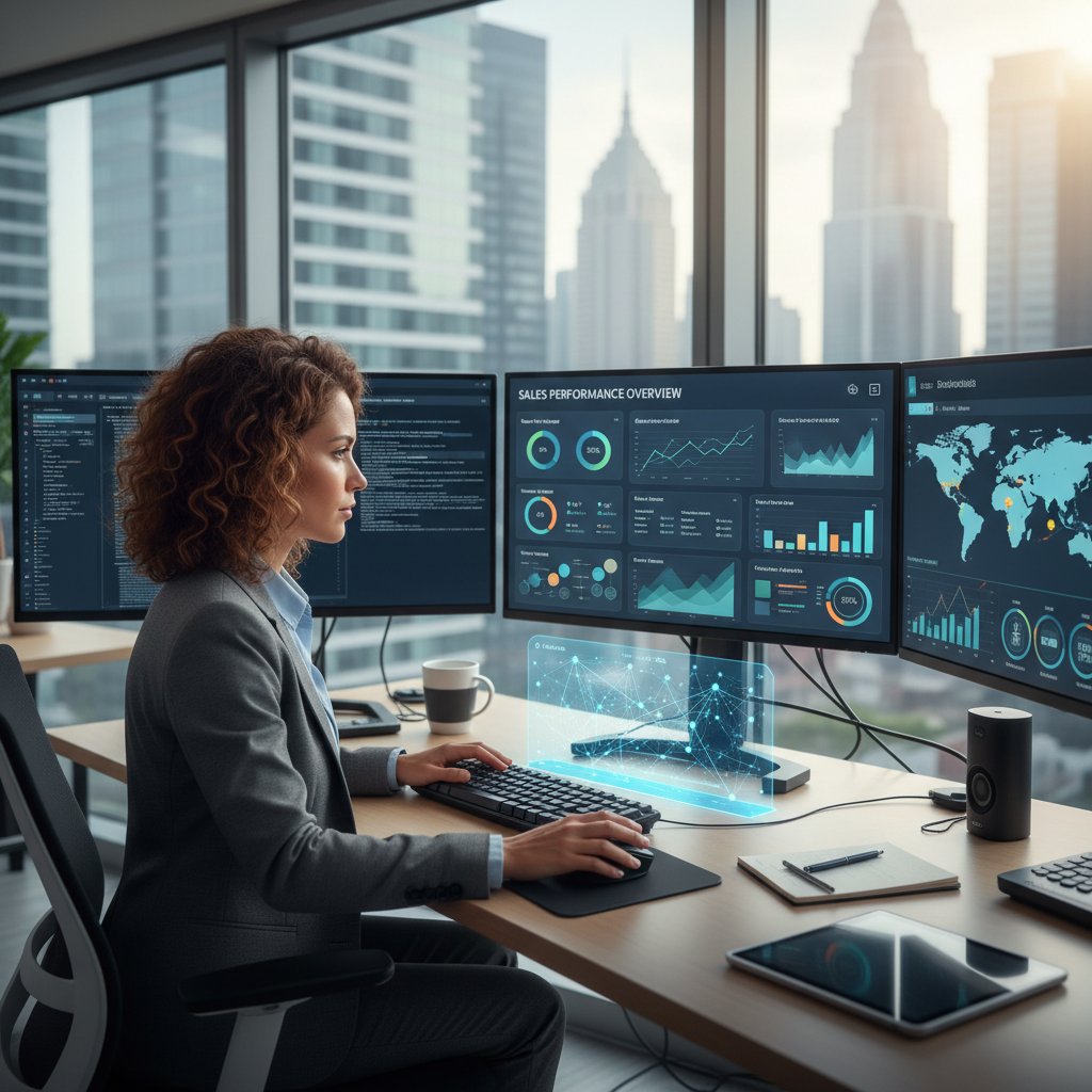 Specjalista analizuje dane AI na nowoczesnym dashboardzie, raportowanie sprzedażowe, technologia