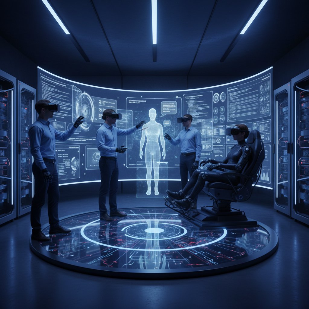 Grupa specjalistów AI testujących narzędzia do symulacji rozmów w laboratorium VR