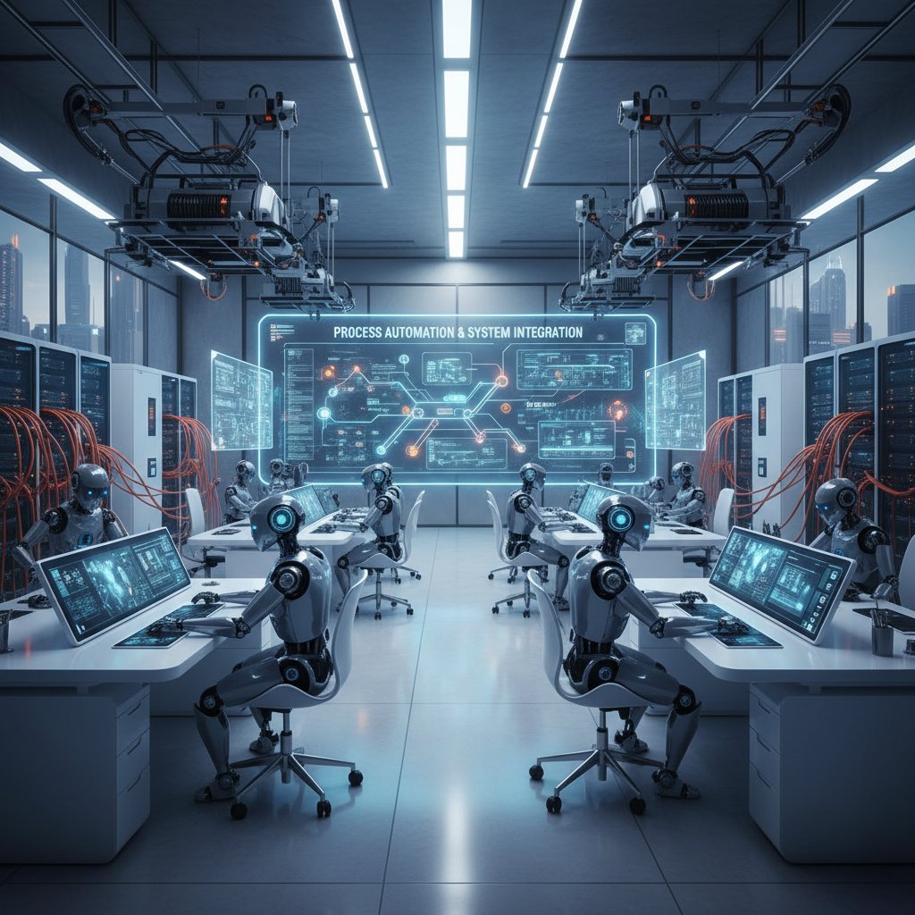 Zdjęcie zespołu wirtualnych pracowników AI w nowoczesnym biurze, symbolizujące automatyzację procesów i integrację systemów w turystyce