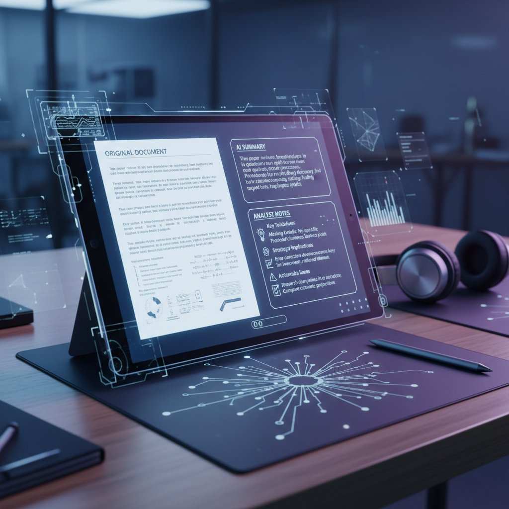 Annotated screenshot: AI document summary with analyst’s notes and highlights, document summarizer for market analysts
