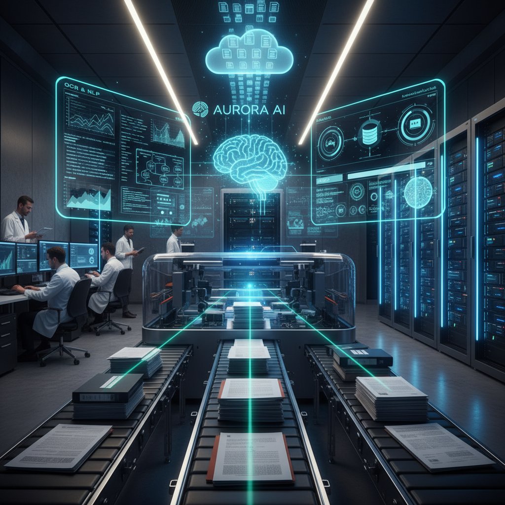 AI system analyzing stacks of documents, automating document digitization methods with data visualization overlays