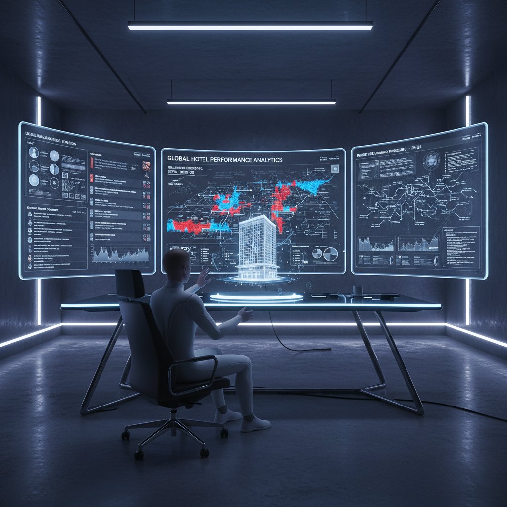 AI system analyzing global hotel data flows on multiple monitors