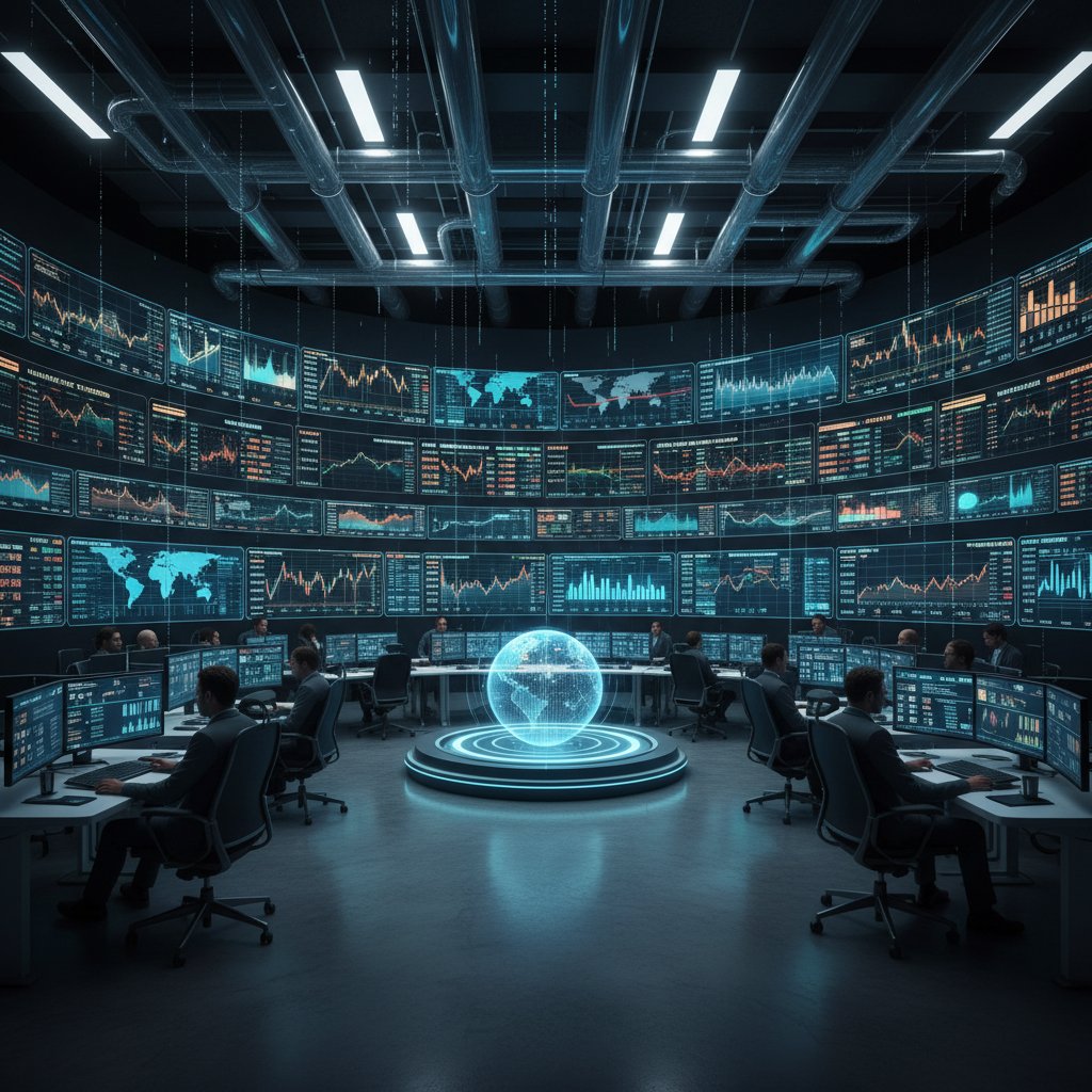 Nowoczesny system AI analizujący dane rynkowe na ekranach w centrum monitoringu