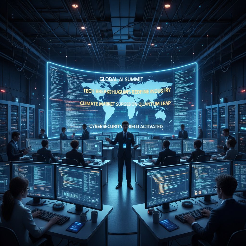 AI system generating news stories in a modern newsroom, glowing screens, busy editors