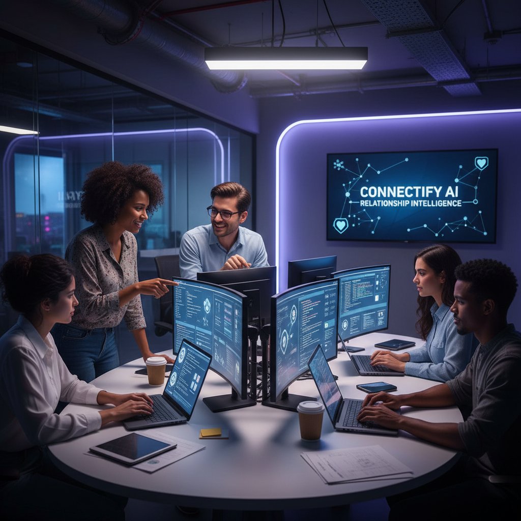 Photo of diverse tech team working with AI screens, code, and relationship apps—AI couples counseling technology