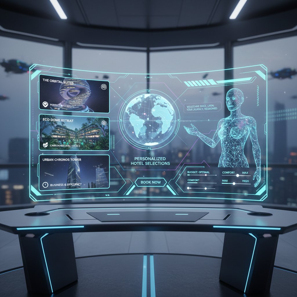 A futuristic visualization of an AI travel interface presenting personalized hotel options to a user on a glowing screen, symbolizing AI-driven discovery