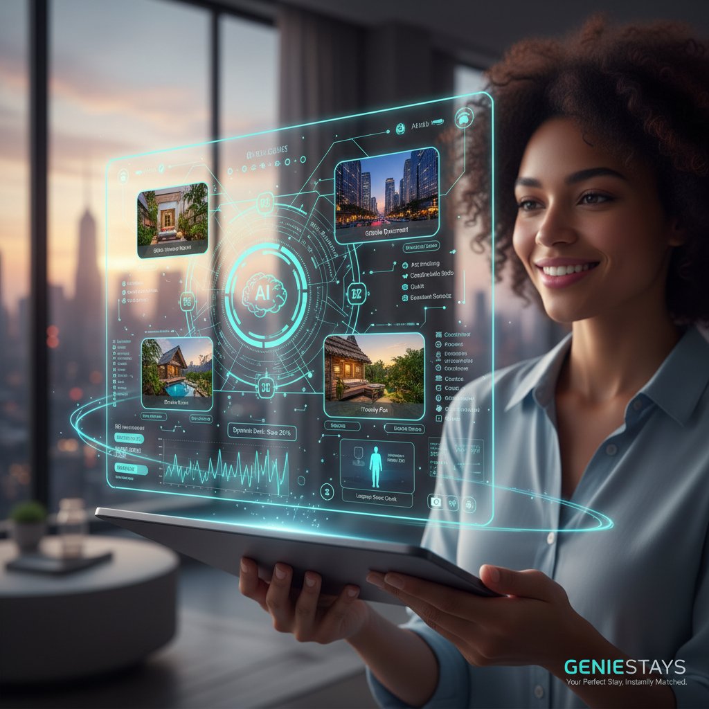 AI system matching travelers to accommodations using user data, futuristic visuals with glowing data streams and interface, representing the new age of agency matchmaking