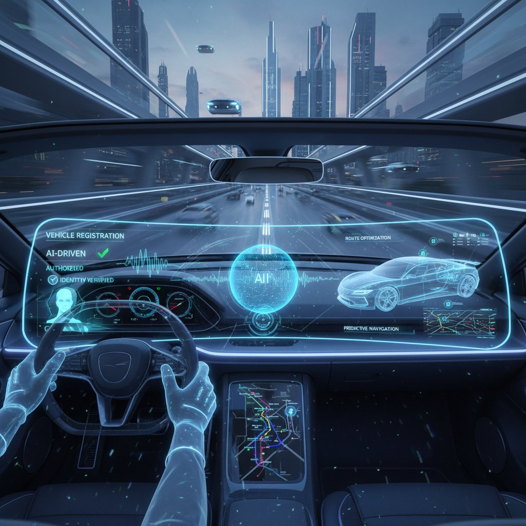 Futuristic AI assistant helping with vehicle registration process, holographic interface, driver interacting