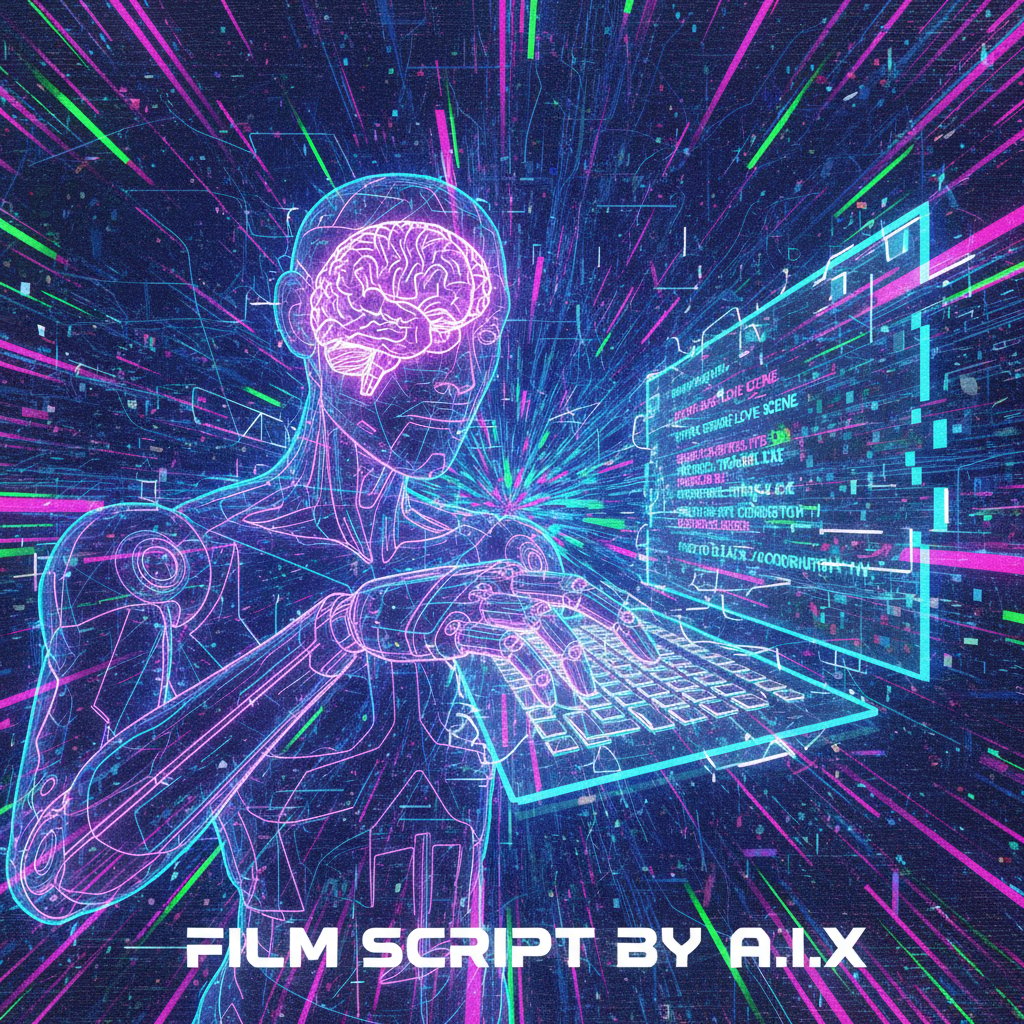 Surreal digital photo of an AI robot writing a film script under neon and glitch aesthetics, representing AI-powered satire