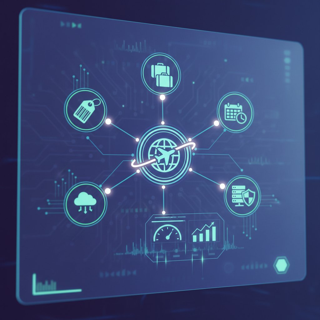 Abstract network of airline, agency, and data icons showing GDS connections lighting up, representing the invisible middleman in flight booking