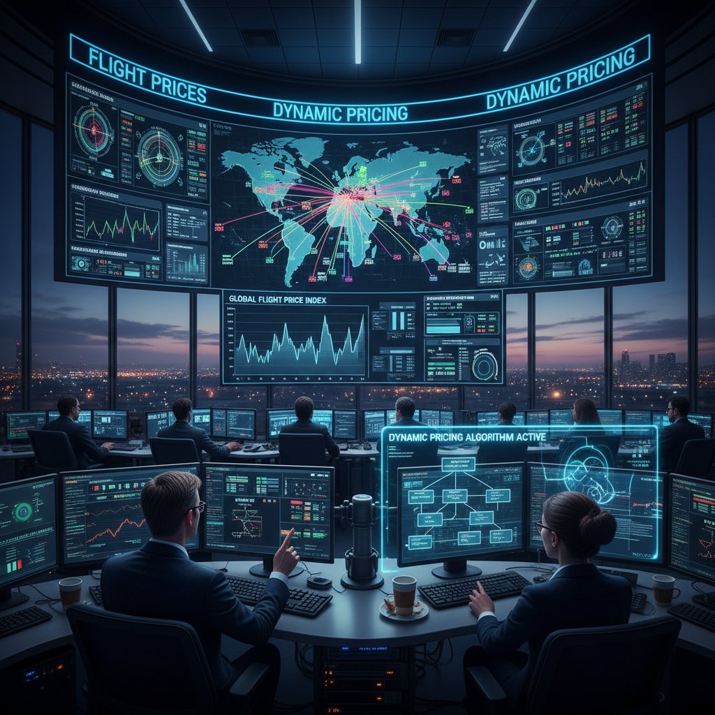 Photo of airline control room with digital monitors showing fluctuating flight prices, reflecting dynamic pricing