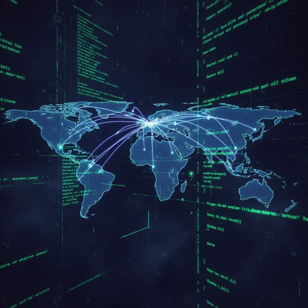 Airline route map morphing into algorithmic code, data pulsing across the map as a visual for airline price algorithms