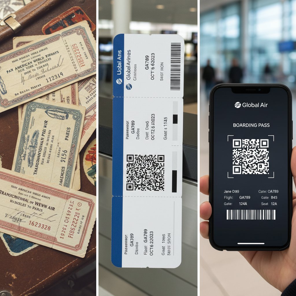 Retro-modern collage blending old travel posters with digital code, showing evolution of flight booking