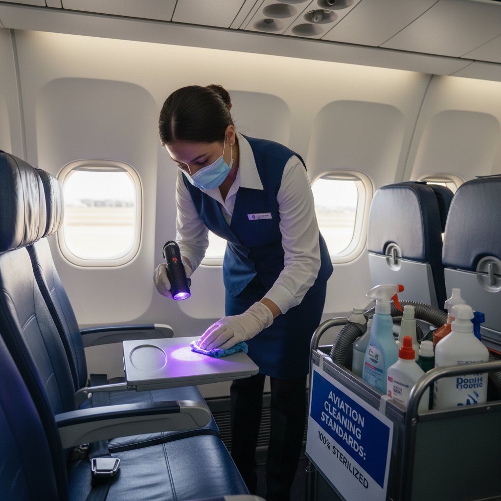 Airline worker inspecting tray tables as part of an intense aviation cleaning audit in 2025