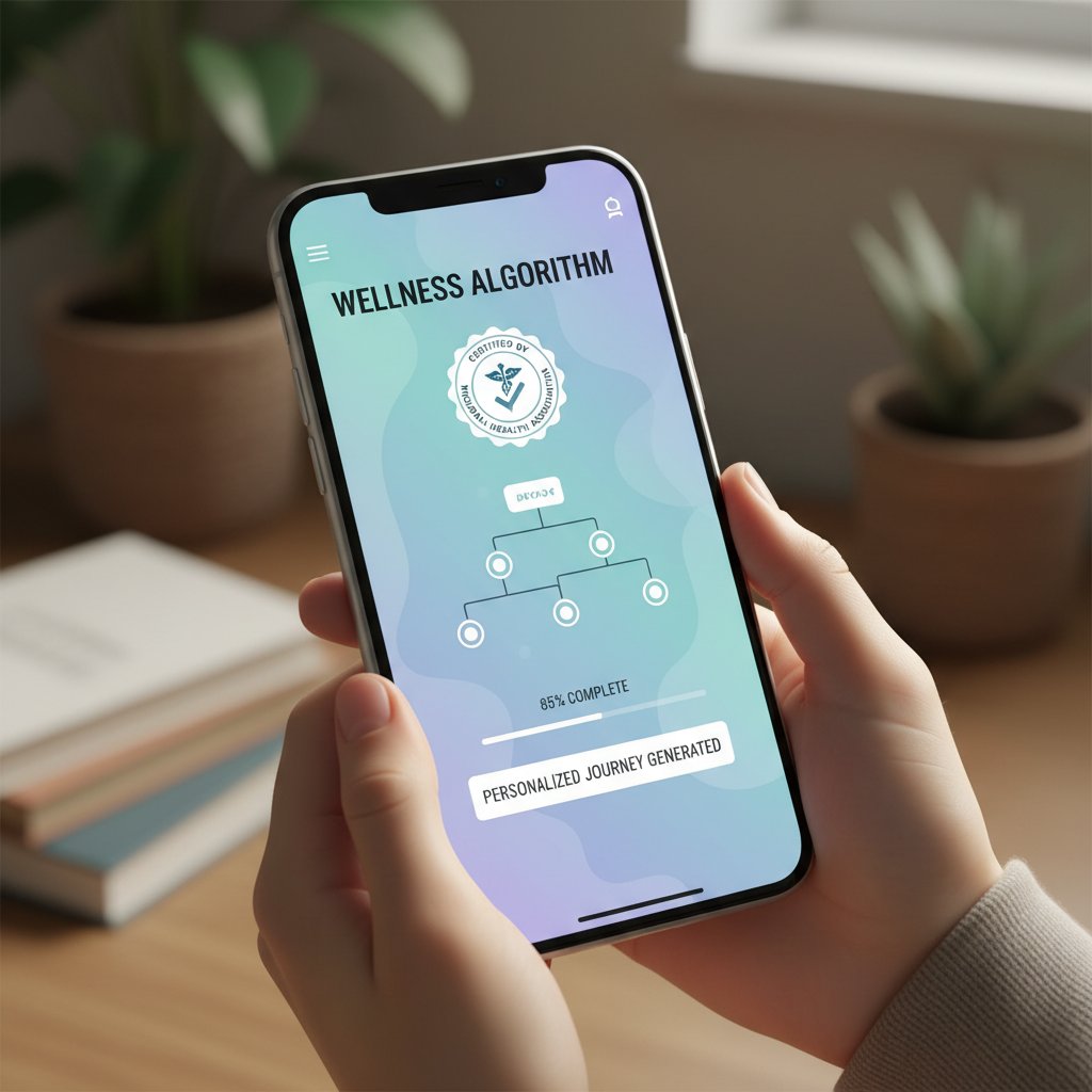 Symbolische Darstellung: Ein anonymer Algorithmus scannt mehrere Mental-Health-Apps auf einem Bildschirm, im Hintergrund verschwimmen Prüfsiegel