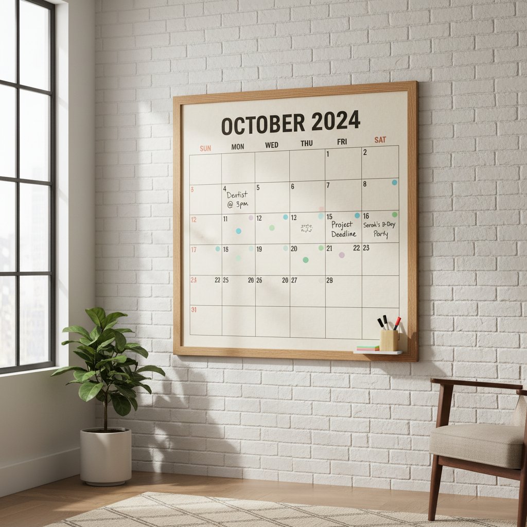 A creative person reviewing a wall calendar and jotting notes in a paper planner, blending analog and digital scheduling