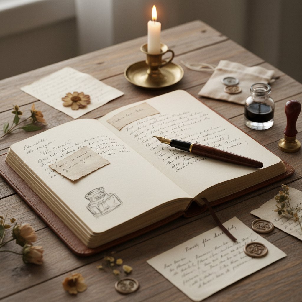 Photo of vintage journal and pen on wooden table, keywords: analog journaling for emotional wellness, pen and paper