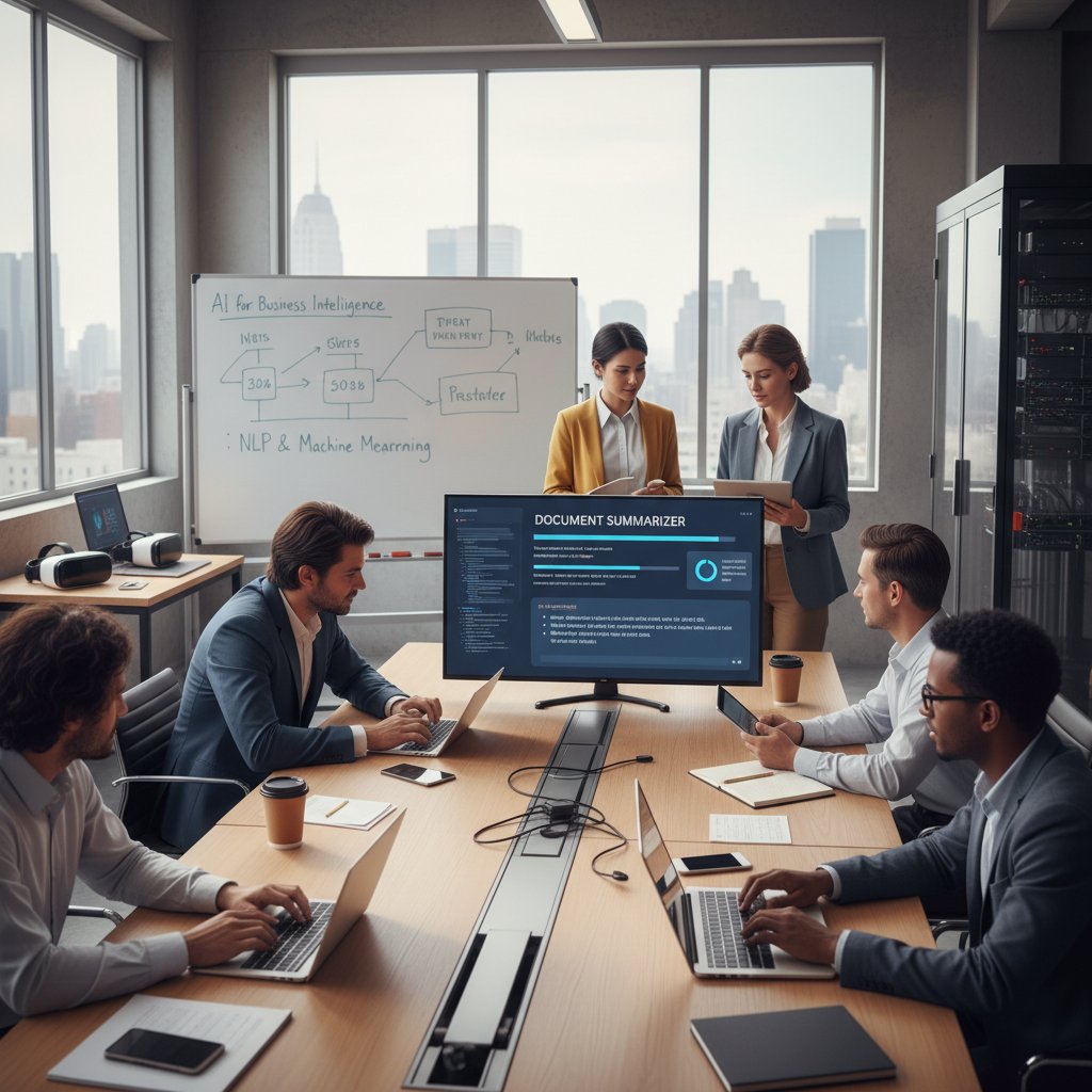 Analyst team in a workshop, engaging in interactive AI document summarizer training