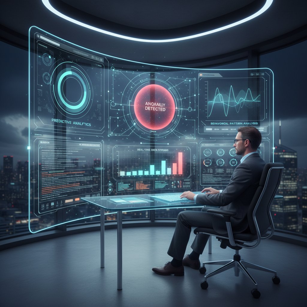 Analyst interacting with a transparent, intuitive anomaly detection dashboard, 16:9