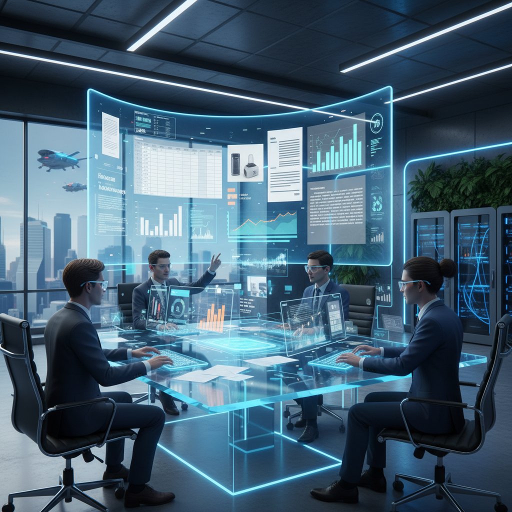 Team of analysts reviewing multimodal document summaries with images, charts, and text in a high-tech office