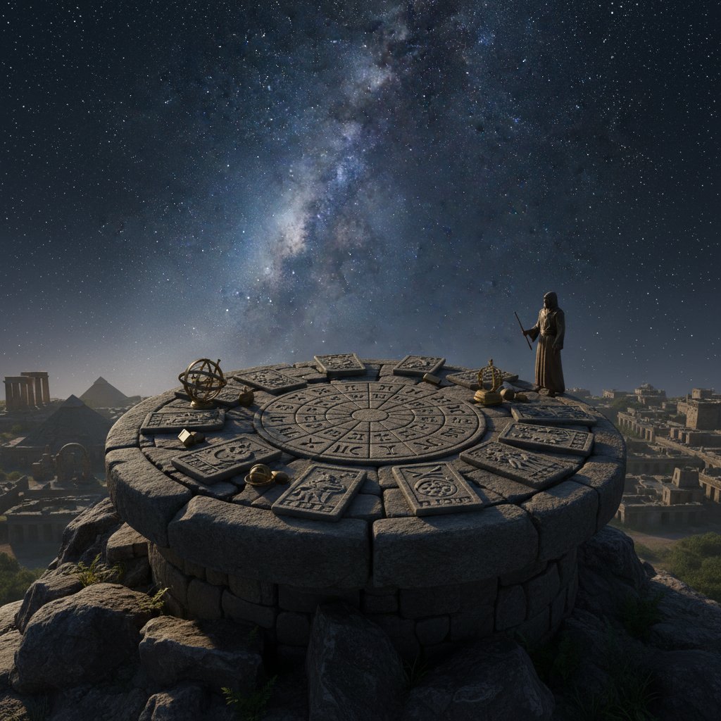 Starożytne tablice astrologiczne na tle nocnego nieba