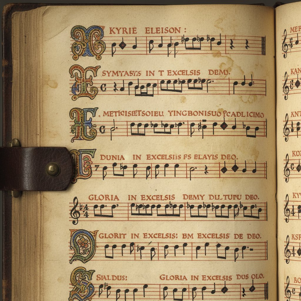 Zabytkowy rękopis muzyczny z nutami solfeżu, oddający klimat średniowiecznej muzyki
