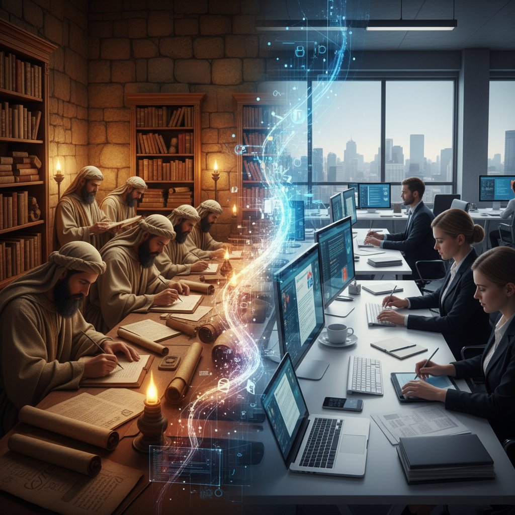 Ancient scribes and modern professionals creating documents, illustrating the evolution to generate project documents
