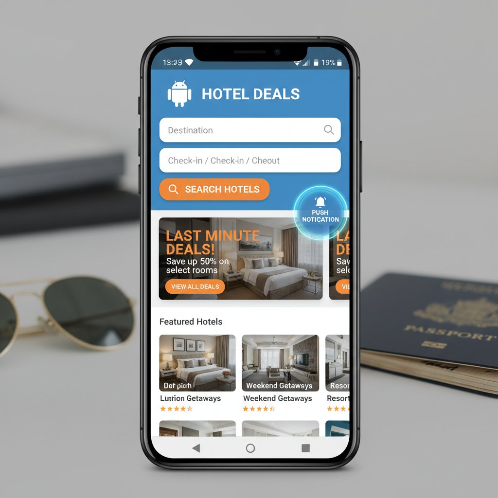 Android hotel booking app displaying last-minute deals and push notifications