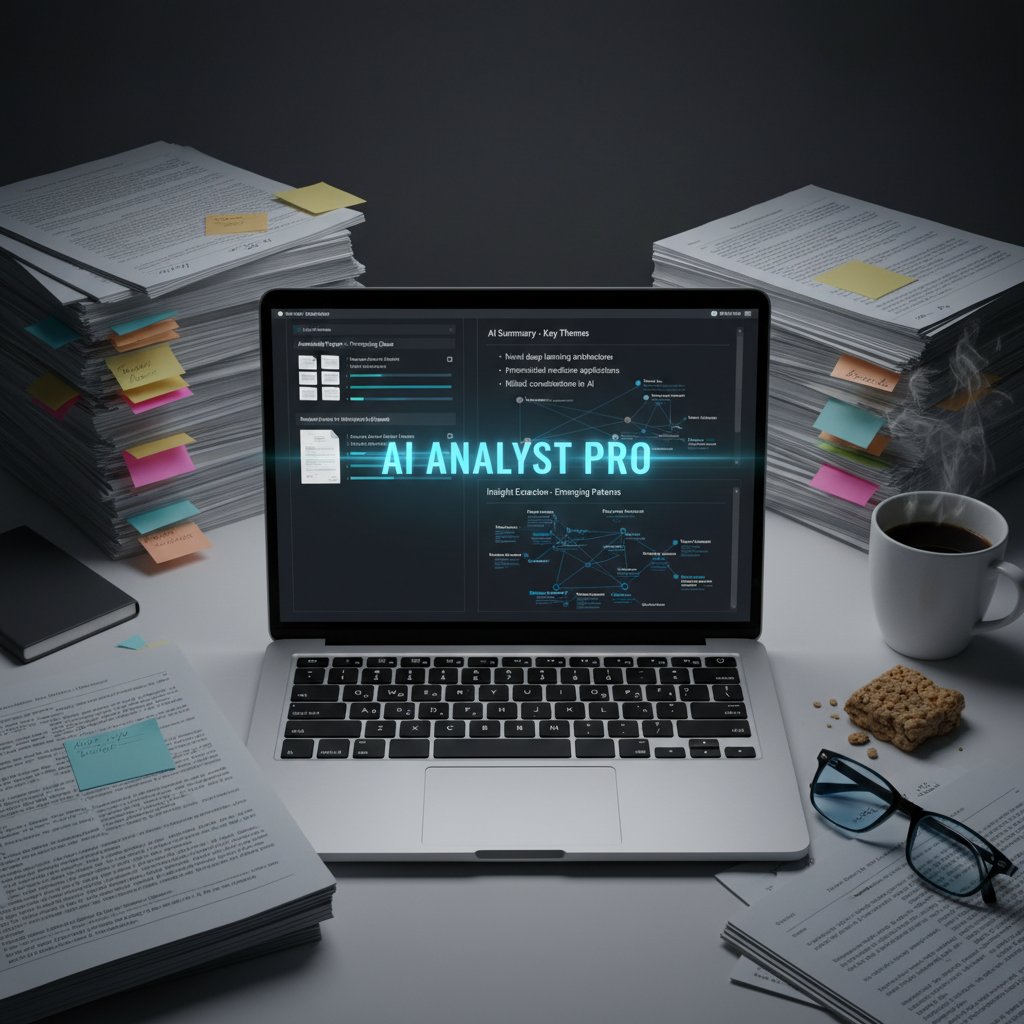 A close-up of annotated research papers and a laptop screen displaying AI-summarized points