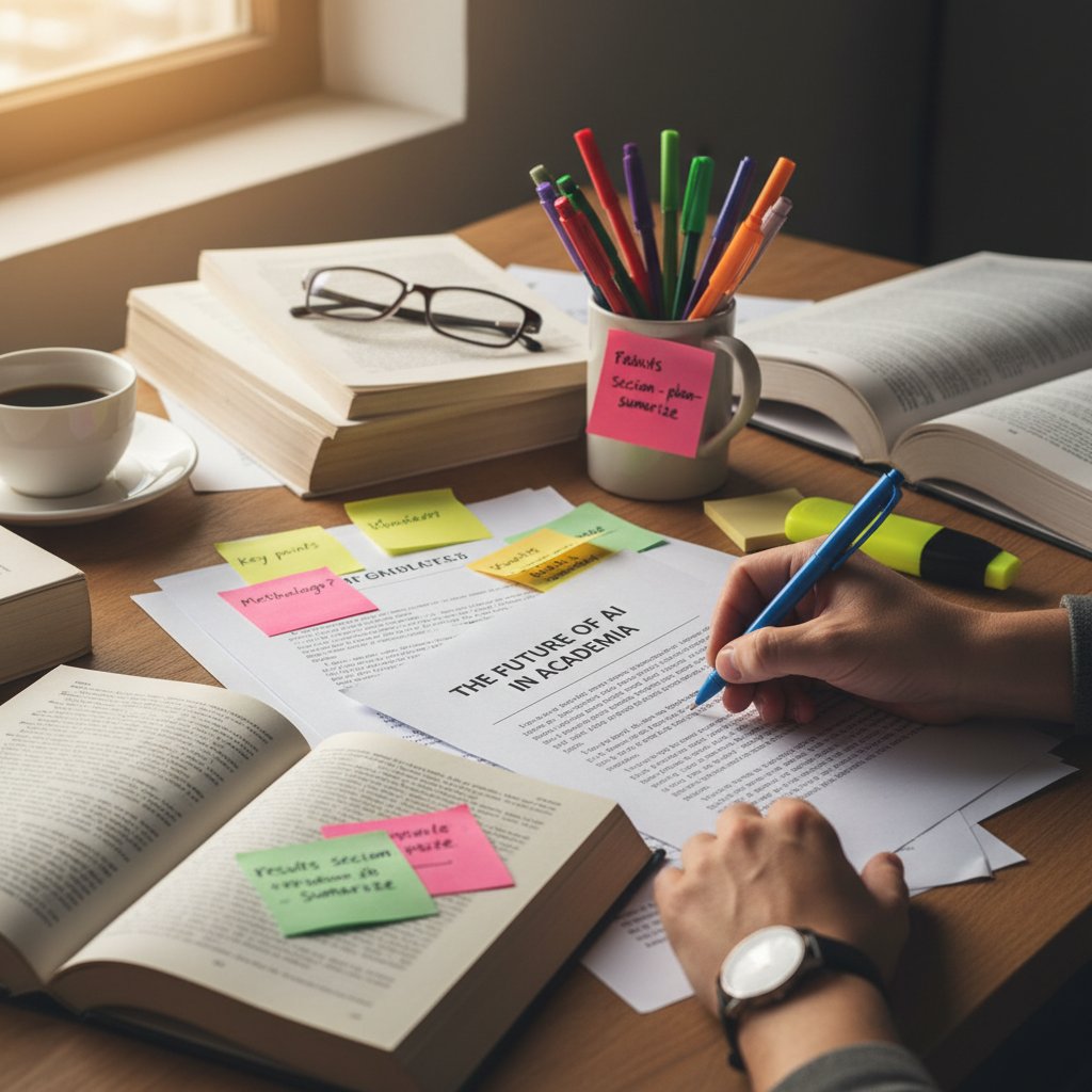 An academic using colored pens and sticky notes to annotate a printed research paper at a desk covered in textbooks