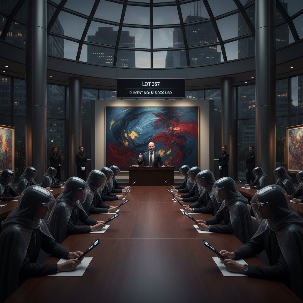 Stylized photo of anonymous bidders at an auction, faces obscured, tense auction atmosphere dominating the scene