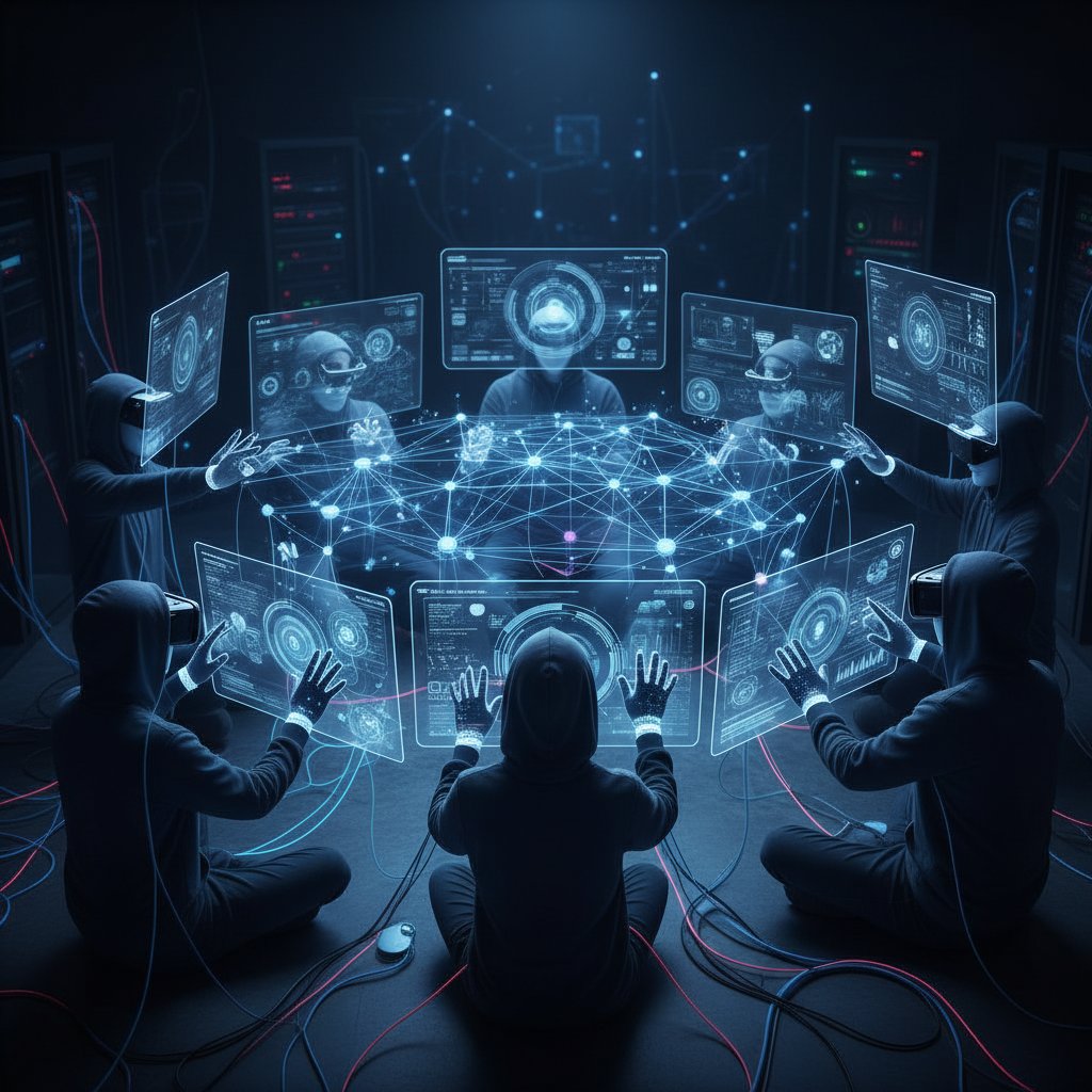 Symbolic photo of anonymous testers connected by digital lines in a dark setting, evocative mood, AI chatbot user testing