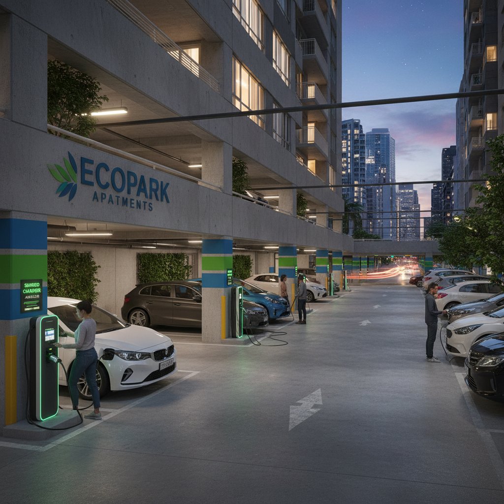 Apartment building with shared EV charging stations in urban parking lot