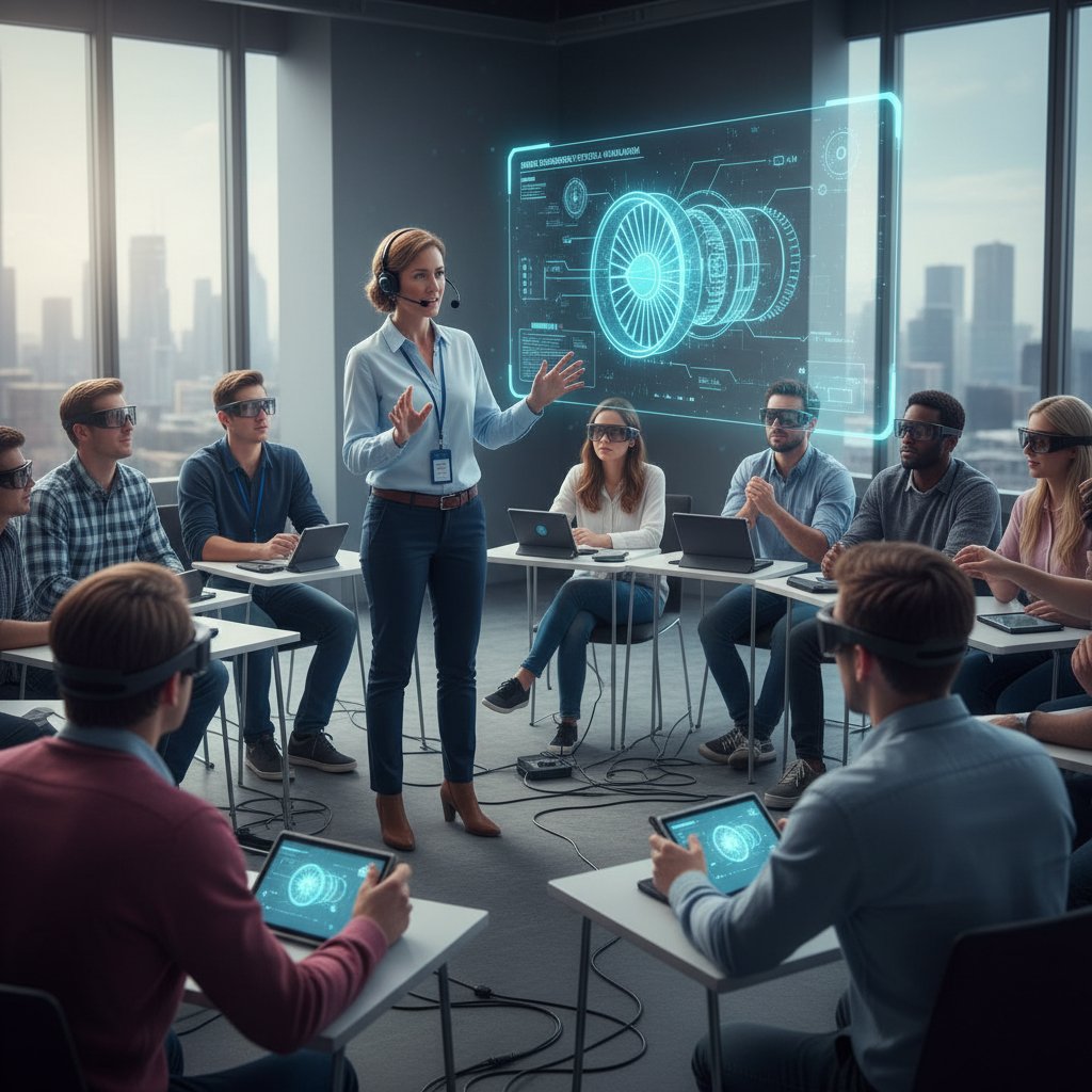 Instruktor prowadzący szkolenie AR, studenci patrzą przez okulary, atmosfera zaangażowania