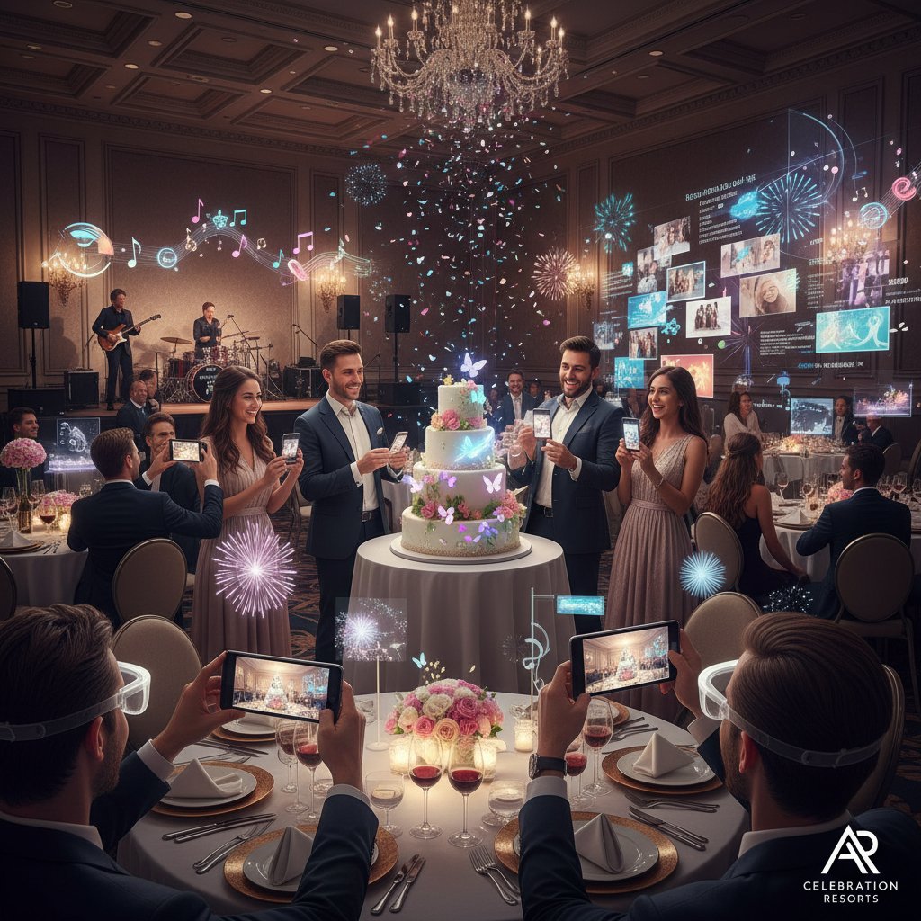 Guests using AR technology at a celebration hotel event, digital personalization, celebration hotels keyword