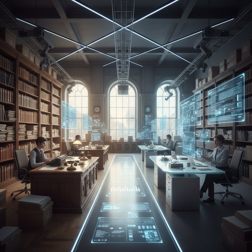 Archival office transitioning into high-tech digital workspace, symbolizing administrative coordinator evolution