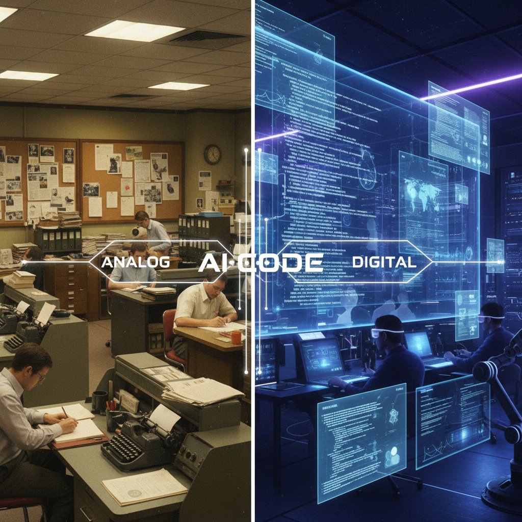 Archive photo of a traditional newsroom contrasted with AI code on screen, symbolizing the evolution from typewriters to transformers