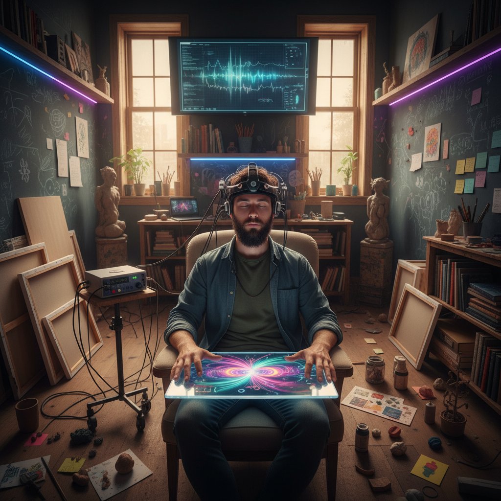Artysta w studiu podczas sesji EEG biofeedback, kreatywna atmosfera