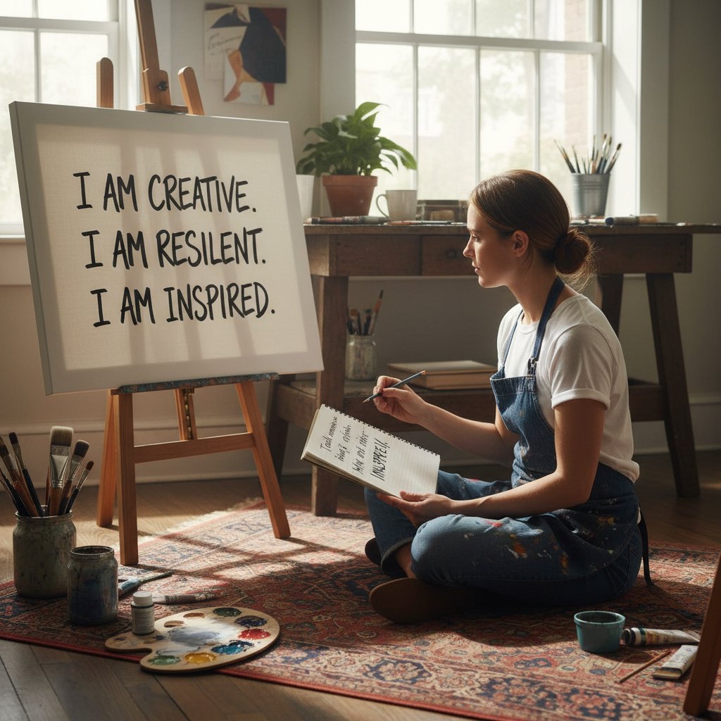 Artysta w atelier z notatnikiem, powtarzający afirmacje przed płótnem – inspiracja i rozwój osobisty