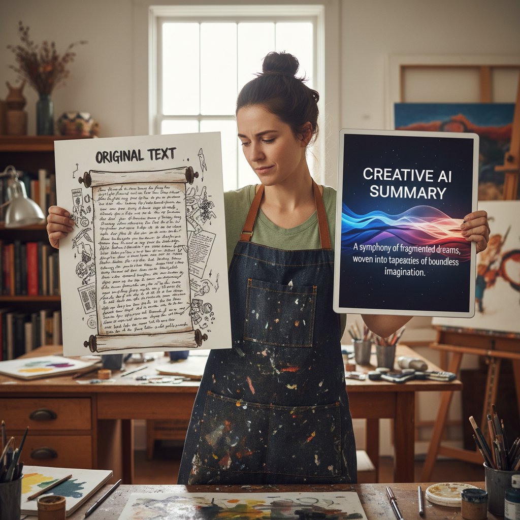 Artist comparing original text and AI summary, exploring creativity versus automation