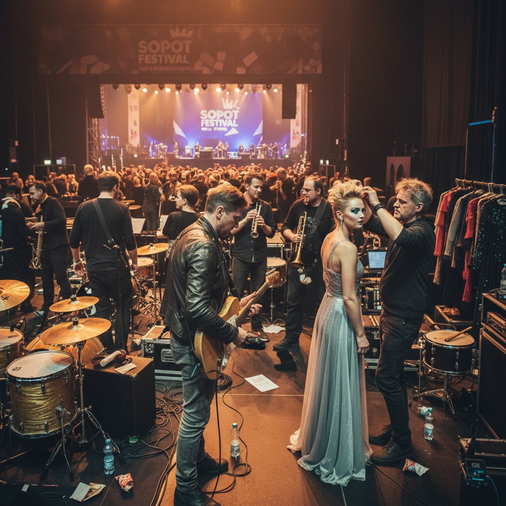 Artyści przygotowujący się za kulisami do performansu na nietypowej scenie w Sopocie
