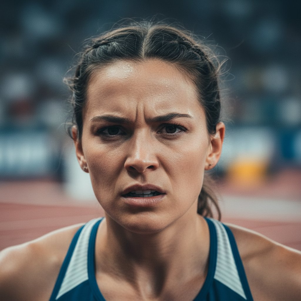 Sportowiec w trakcie intensywnego wysiłku, wyraz twarzy pełen skupienia i napięcia
