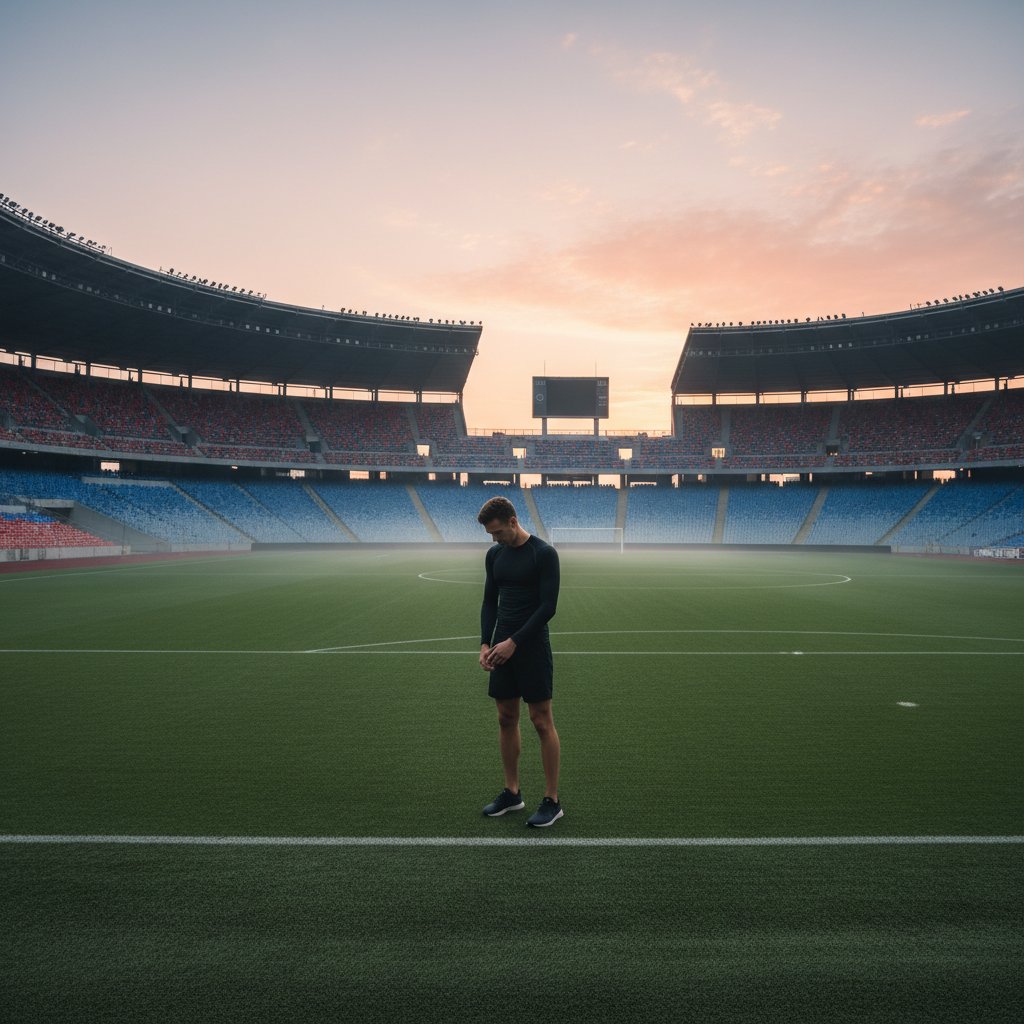 Nowy początek z ćwiczeniami aerobowymi – podsumowanie i refleksja: sportowiec stoi samotnie na pustym stadionie o świcie, zamyślona poza, kontrastowe światło