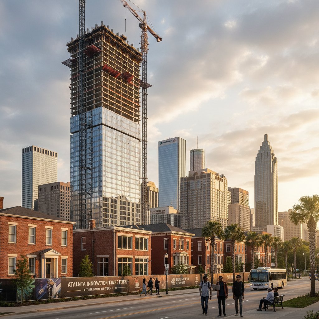 Construction cranes over Atlanta skyline, modern hotel under construction, neighborhoods evolving